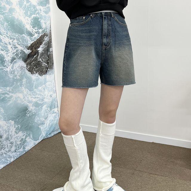 캣브러쉬 4부 와이드 반바지 데님 팬츠