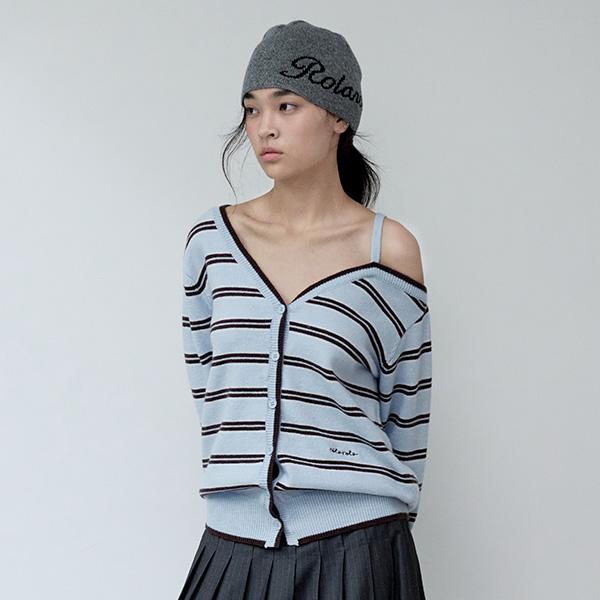 로라로라 [예약배송:10/23]ONE OFF SHOULDER STRIPE WOOL BLENDED CARDIGAN BLUE