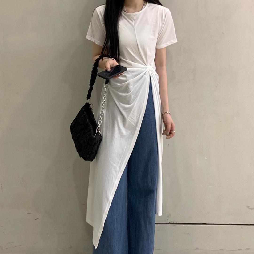 [당일출고]롱슬릿 꼬임 반팔티셔츠