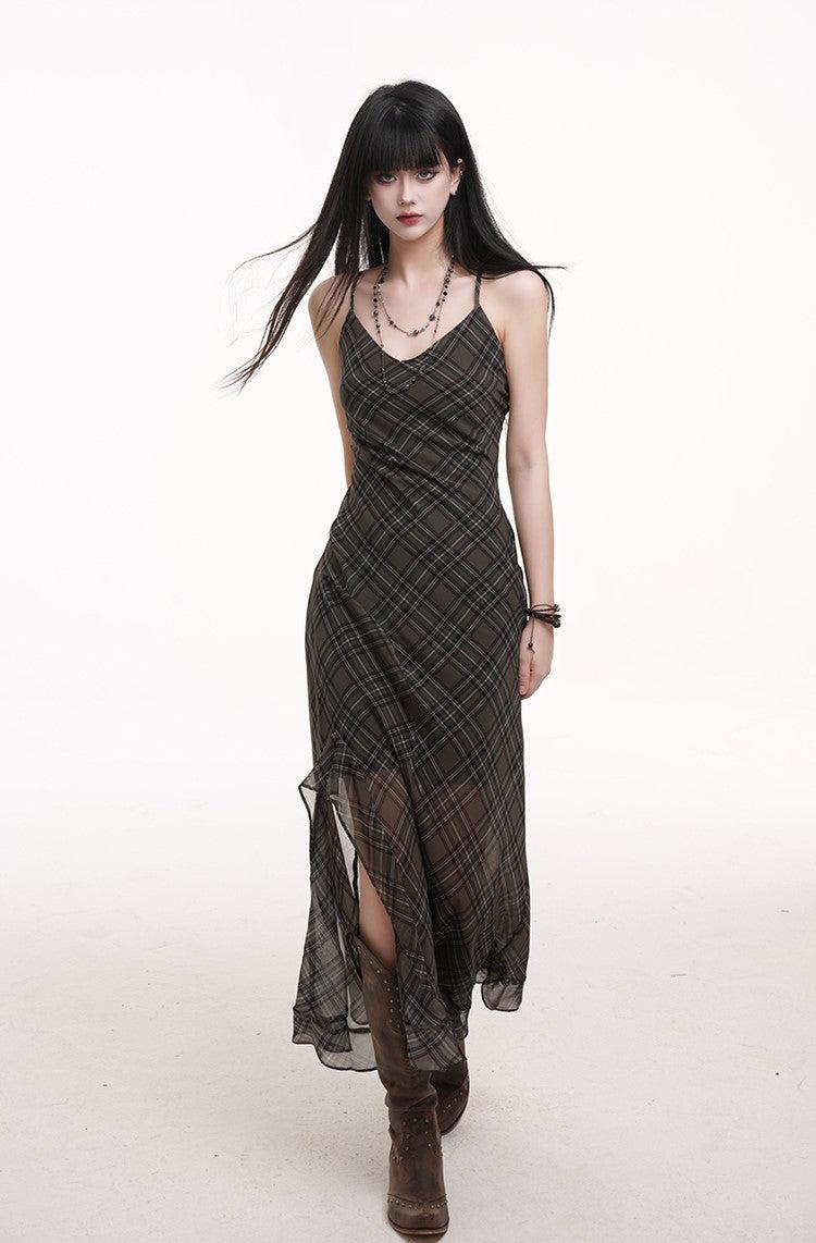 Green Plaid Suspender Dress LAD0173