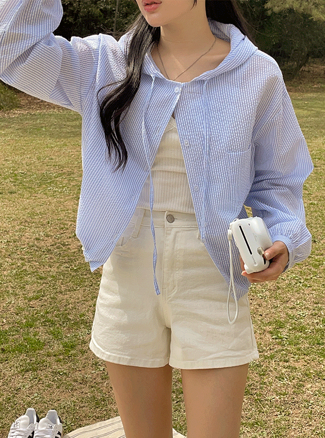 비욘드웨어 [MADE/살안타템,장마룩]비욘드 시어서커 크롭 후드남방 - 2color