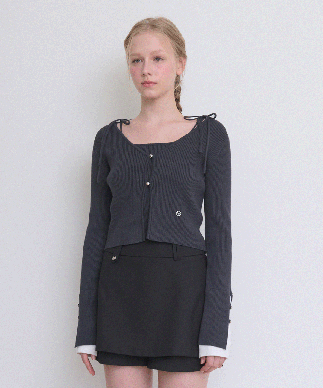 미케네 [44-120] 레이나 레이어드 가디건-슬리브리스 셋업 (가을-봄-데일리룩-페미닌룩-캐주얼룩-셋업-가디건-슬리브리스-골지-브이넥-세미크롭-콩단추-빅사이즈-자체제작)