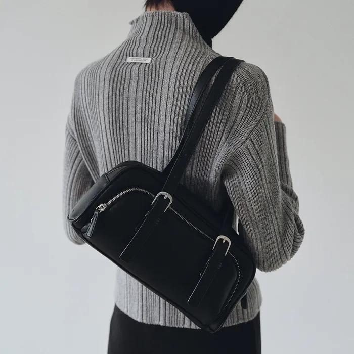 Two-Buckle Pocket Shoulder Bag (Black)