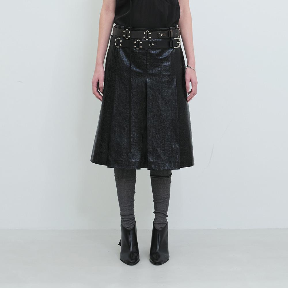 Faux Leather Wide Pleats Skirt (Crack Black)