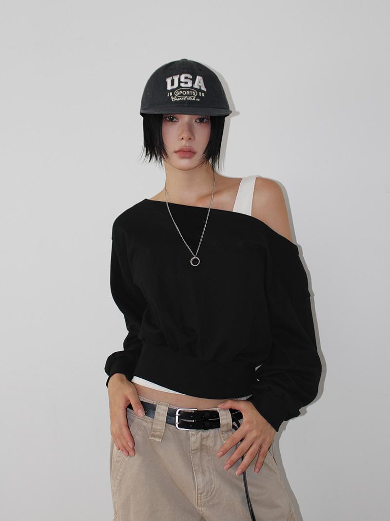 OFF-SHOULDER CROP SWEAT (4color!)