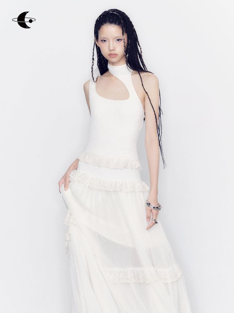 티어드 레이스 타이트 니치 비대칭 롱 원피스