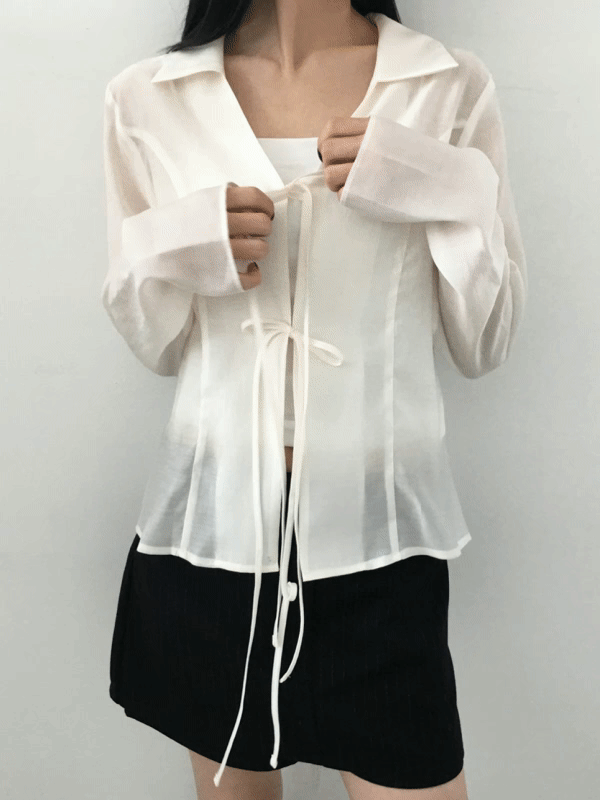 [추천] Open ribbon blouse (Ivory, black)
