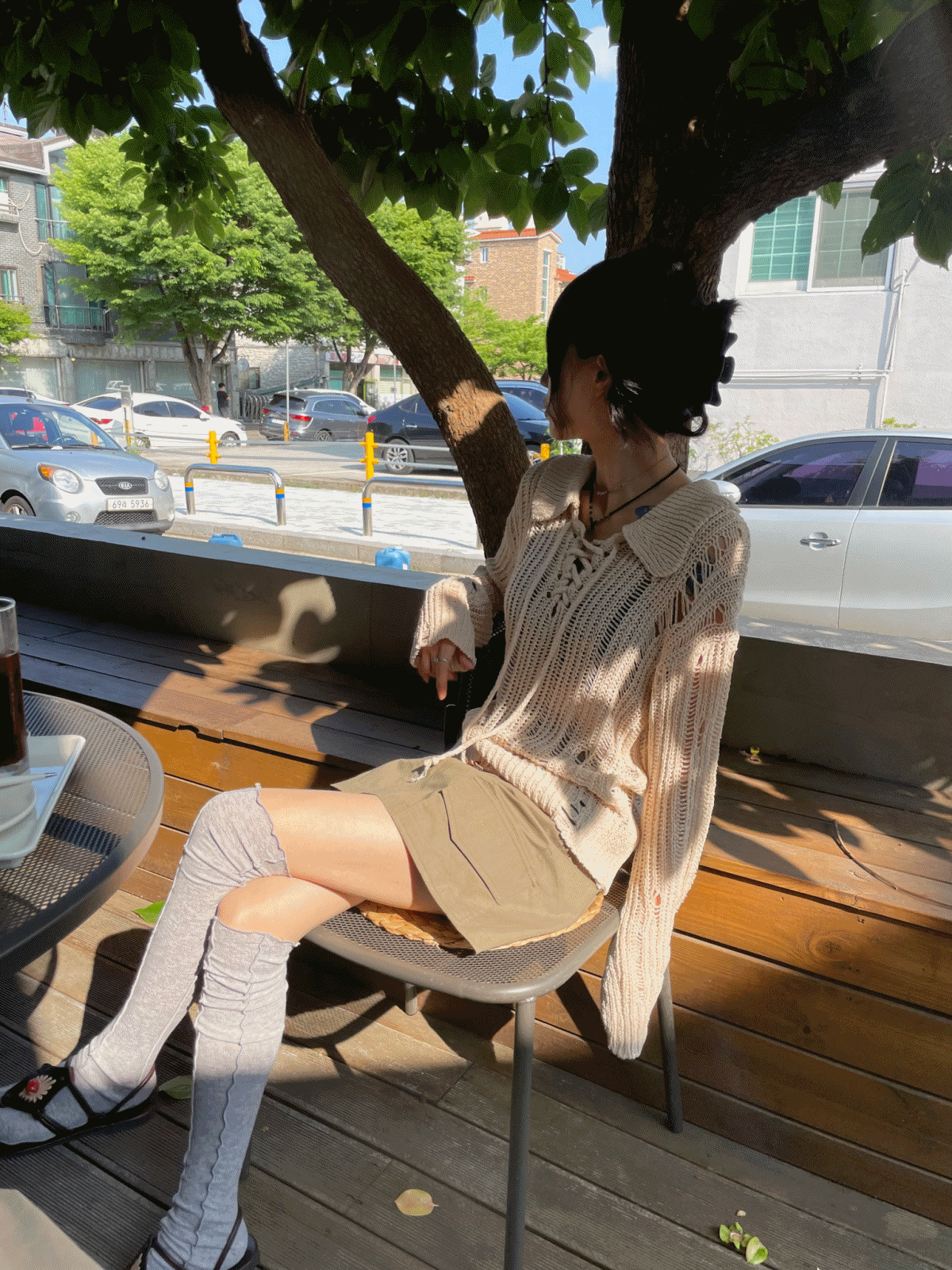 lace-up summer knit (navy/beige)