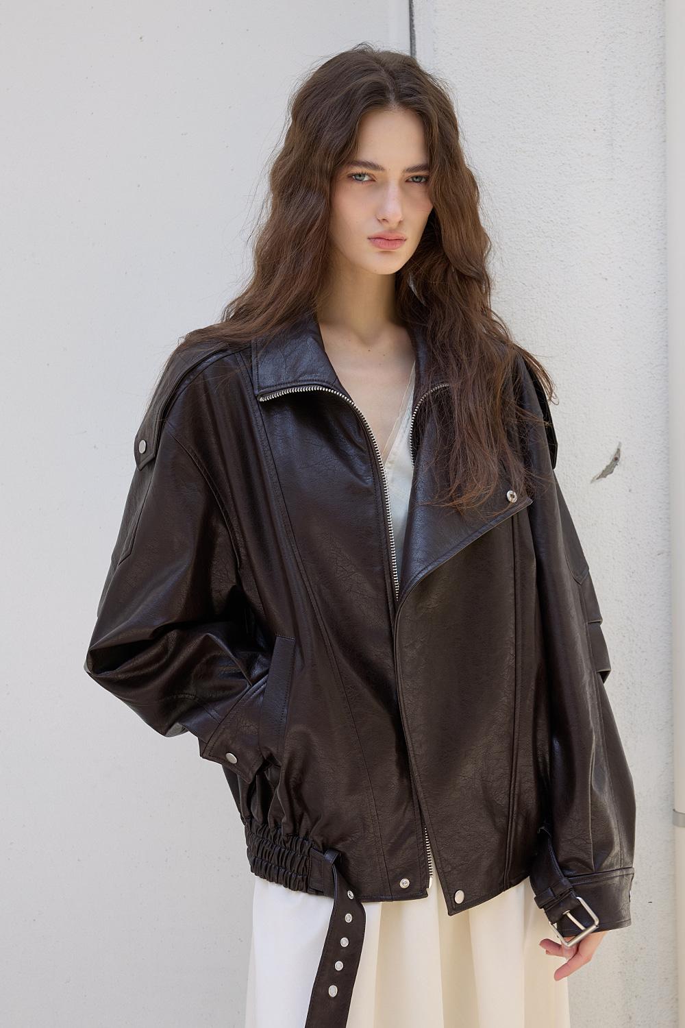 Trim Oversized Leather Jacket - BROWN