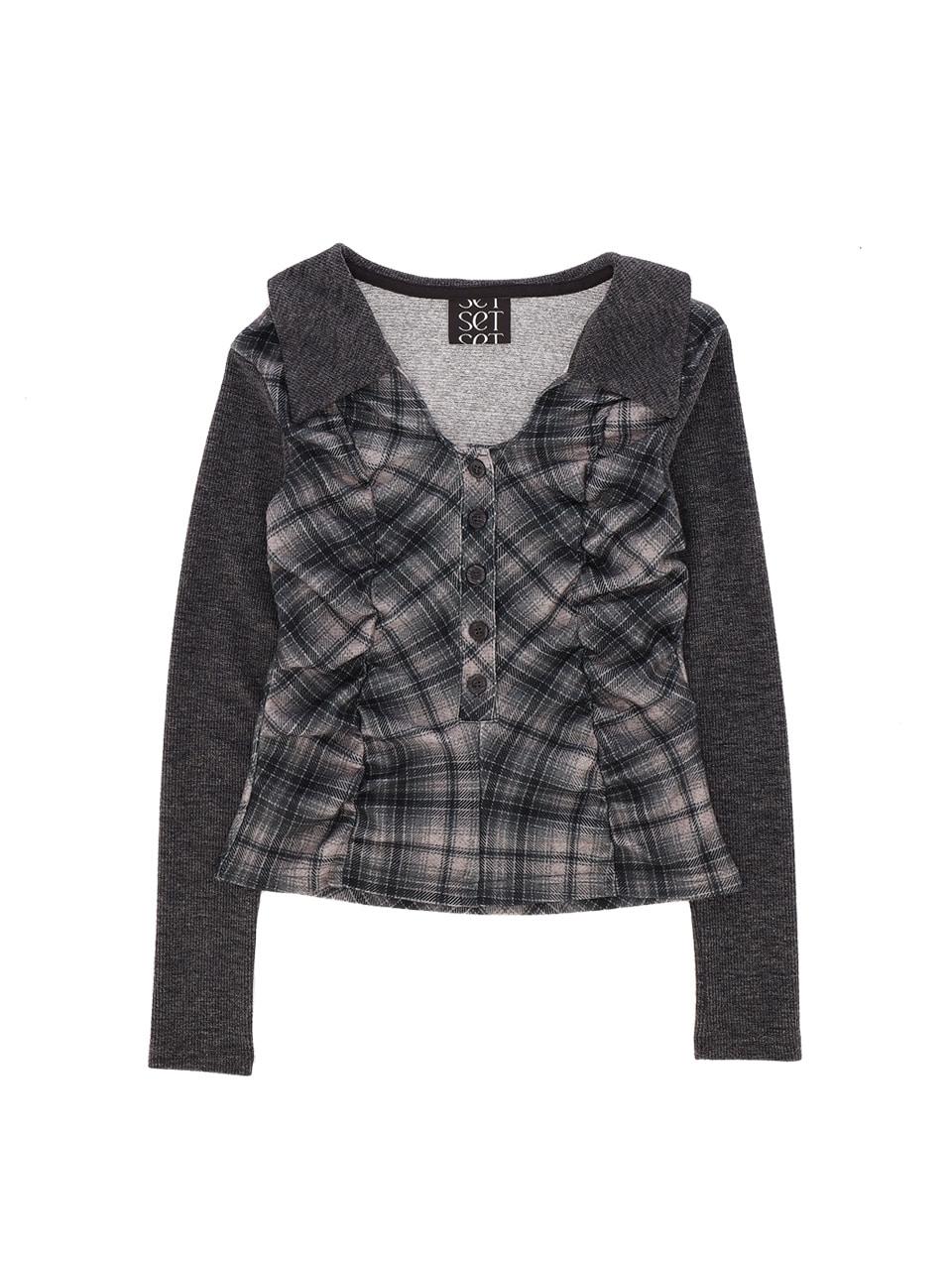 CHECKERED COLLAR SHIRRING TOP (CHARCOAL)