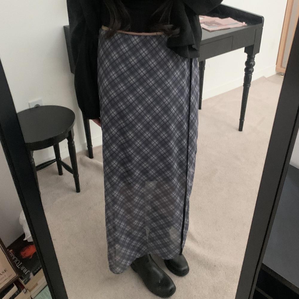 여성 밴딩 레이어드 쉬폰 체크 롱 스커트