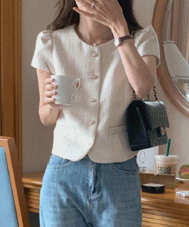 [심플,데일리/2col] 피치 라운드넥 반팔 트위드 여름 자켓