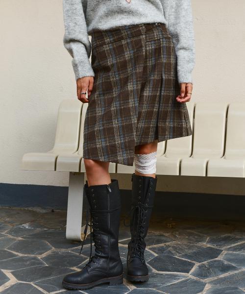 제인 체크 랩 스커트-브라운
