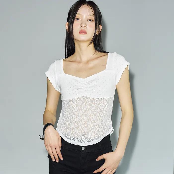 펀칭 콤비 레이스 하프 티셔츠 [화이트]