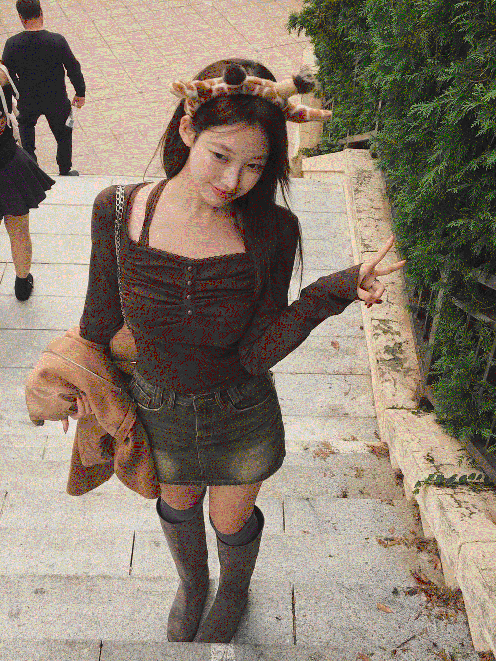 Senne lace tie 4 button shirring long sleeve (3color)