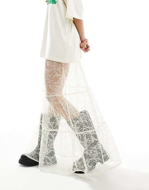 ASOS DESIGN - Jupe longue en dentelle à volants - Ivoire