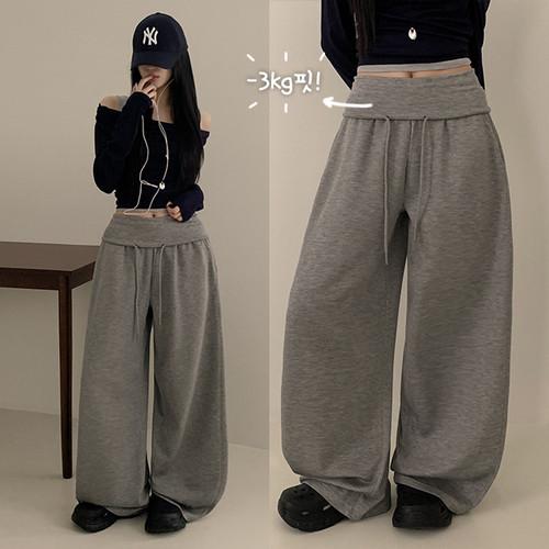 피치모드 [고퀄리티/몸매보정!] 듀아 폴딩 밴딩 사이드 핀턱 스냅 와이드 트레이닝 팬츠 (3color)