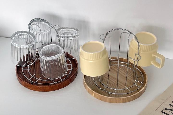 [우드쟁반포함] 스텐 원목 컵거치대 원목 머그 컵걸이 컵정리대 컵정리 컵꽂이 커피잔걸이