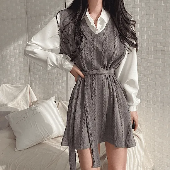 [셔츠레이어드/최강예쁨!] 꽈배기니트 랩 미니원피스 3color