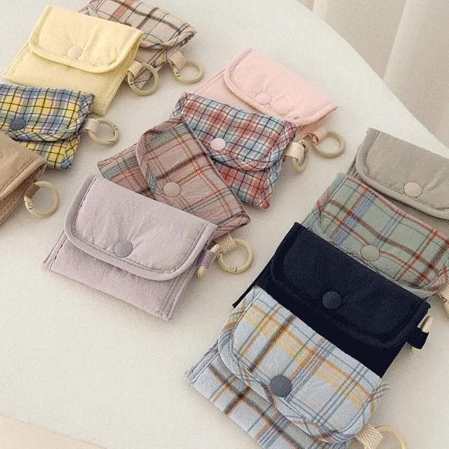 [1+1 특가 할인] 똑딱이 카드지갑 데일리 캐쥬얼 고밀도 코튼 체크 관리쉬운 지갑 키링