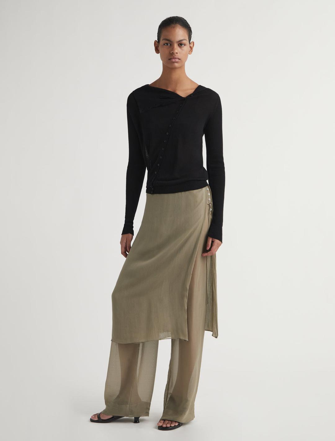 SILK LOW ARCHIVE-Khaki silk straight leg, mid-rise pants with overlapping long fixed skirt