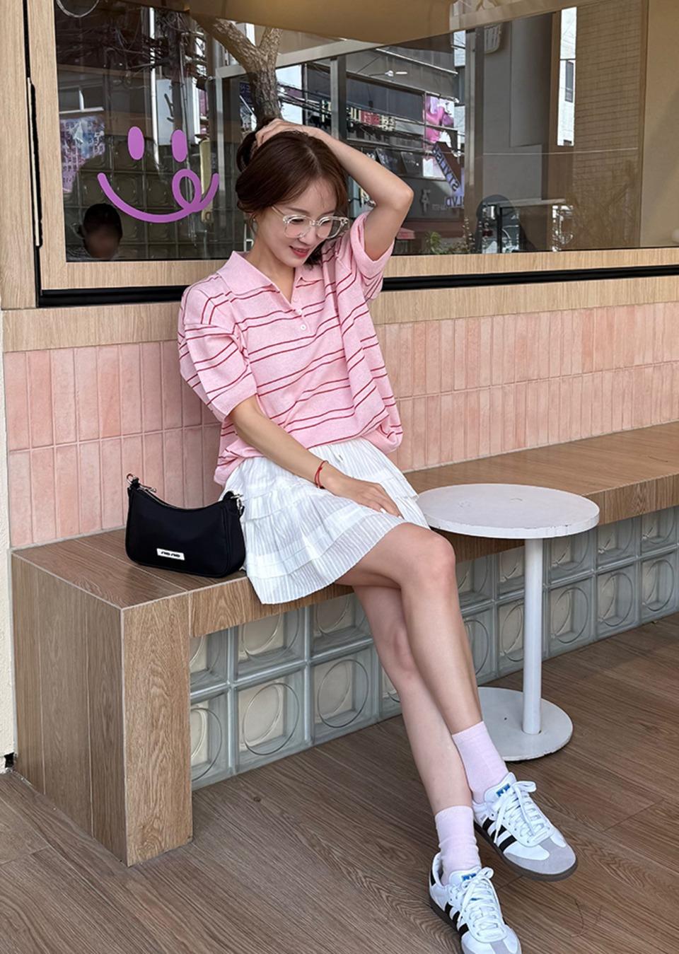 [플리에PICK] ANC CHARMING STRIPE HALF KNIT_PINK