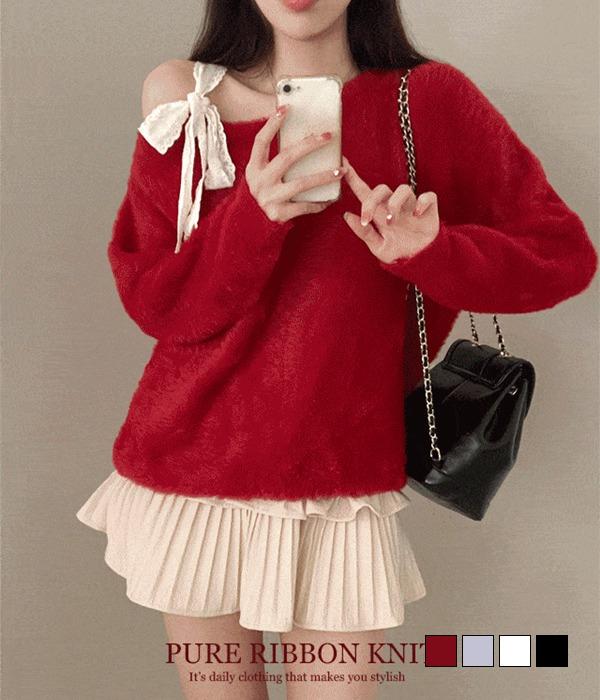 [무료배송] 퓨어 부들 레이스 리본 앙고라 니트