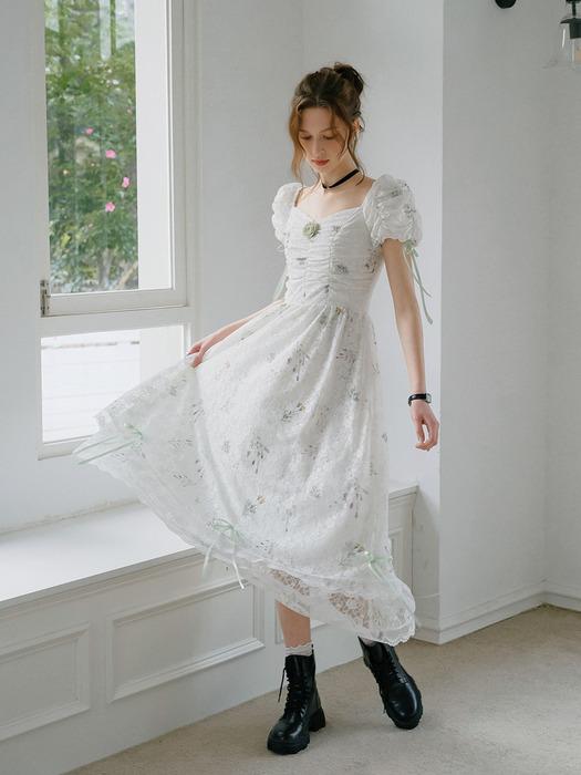 Cest_Floral lace pleated puff sleeve dress