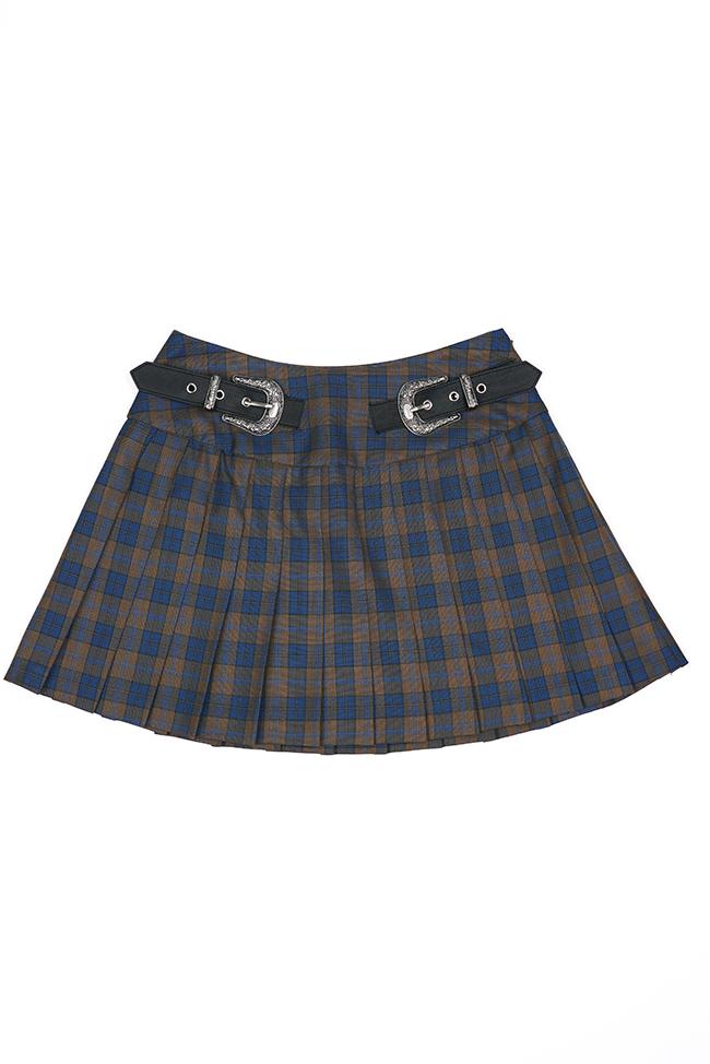 WESTERN BELT CHECK PLEATED MINI SKIRT IN BROWN BLUE