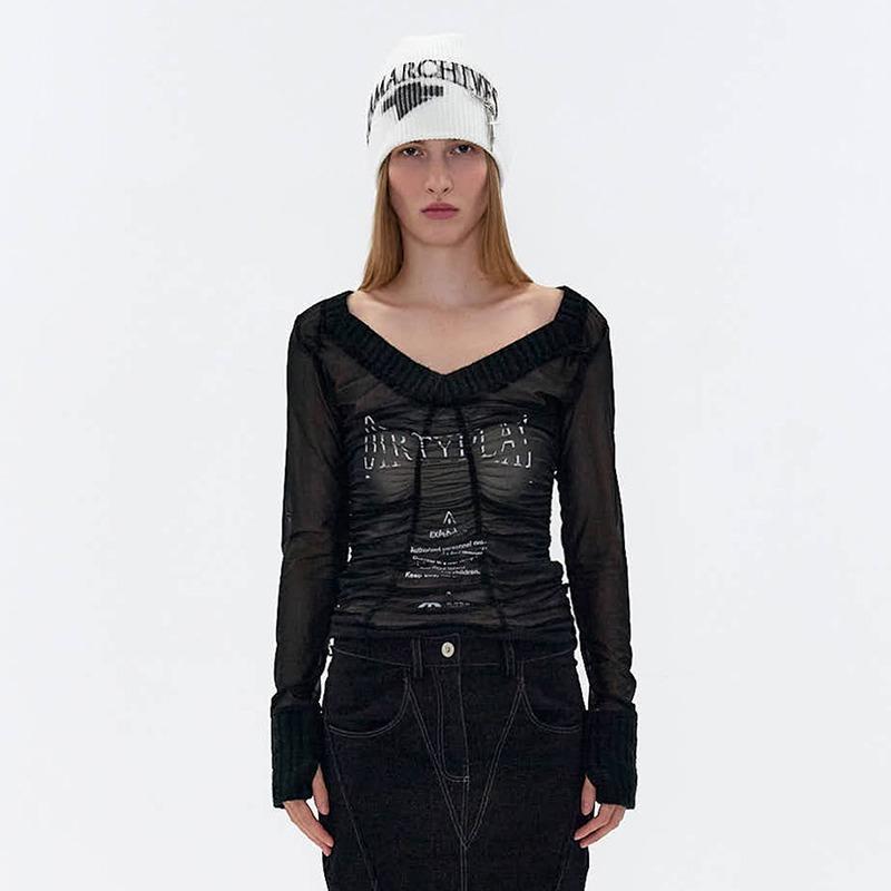 F1 SHIRRING MESH TOP (BLACK)