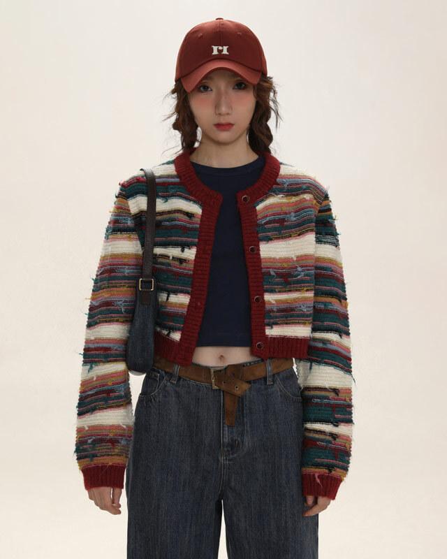 MROMRO 니트 스트라이프 크롭 가디건 (멀티)