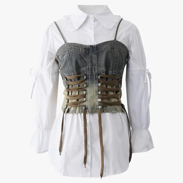 AS128 1+1 레이스업 데님 뷔스티에 조끼+화이트 롱 셔츠 투피스 세트