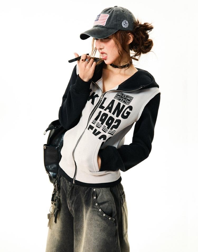 YOUNG STAGE Contrast Letter Hoodie Zip-Up