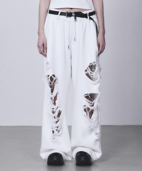 Scratch Damage Wide Sweat Pants [ White ]