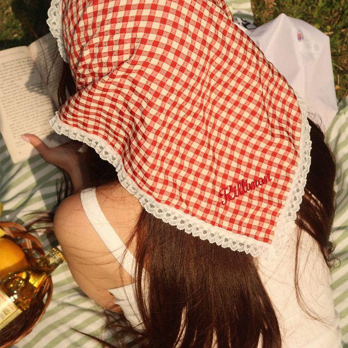 Gingham Breeze Lace Head Scarf - Cherry Red