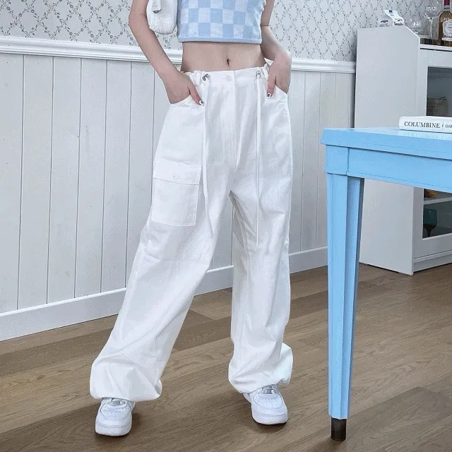 [멀티!][2color!] 카고 화이트 카키 포켓 스트링 롱 와이드 팬츠 바지