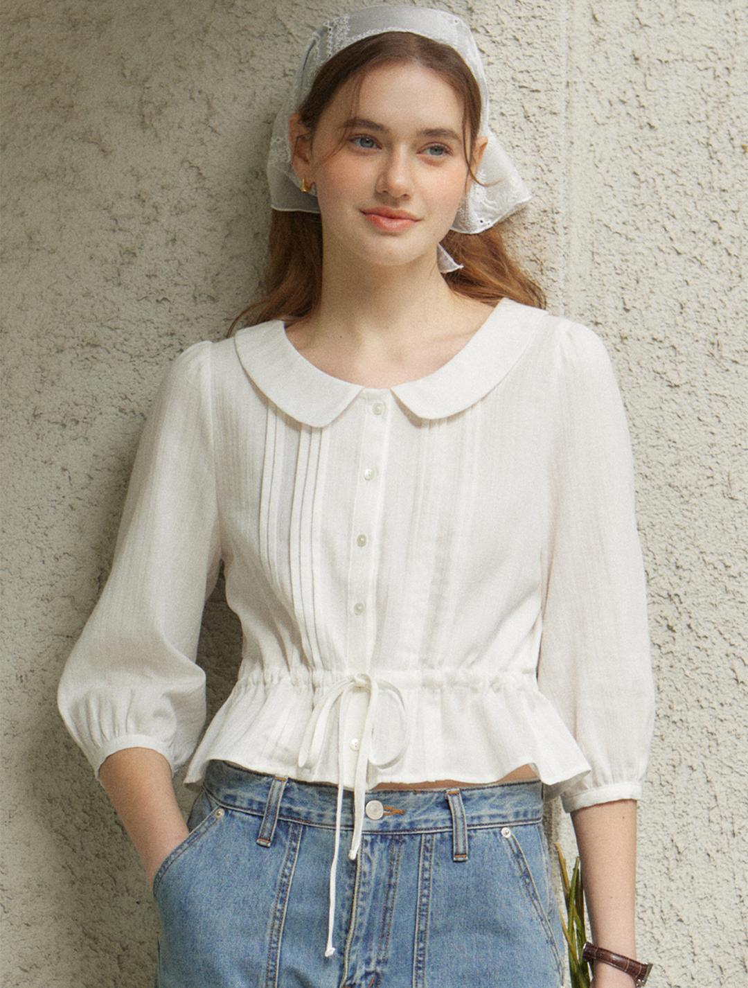 아워호프 Round Collar Pintuck Blouse - White