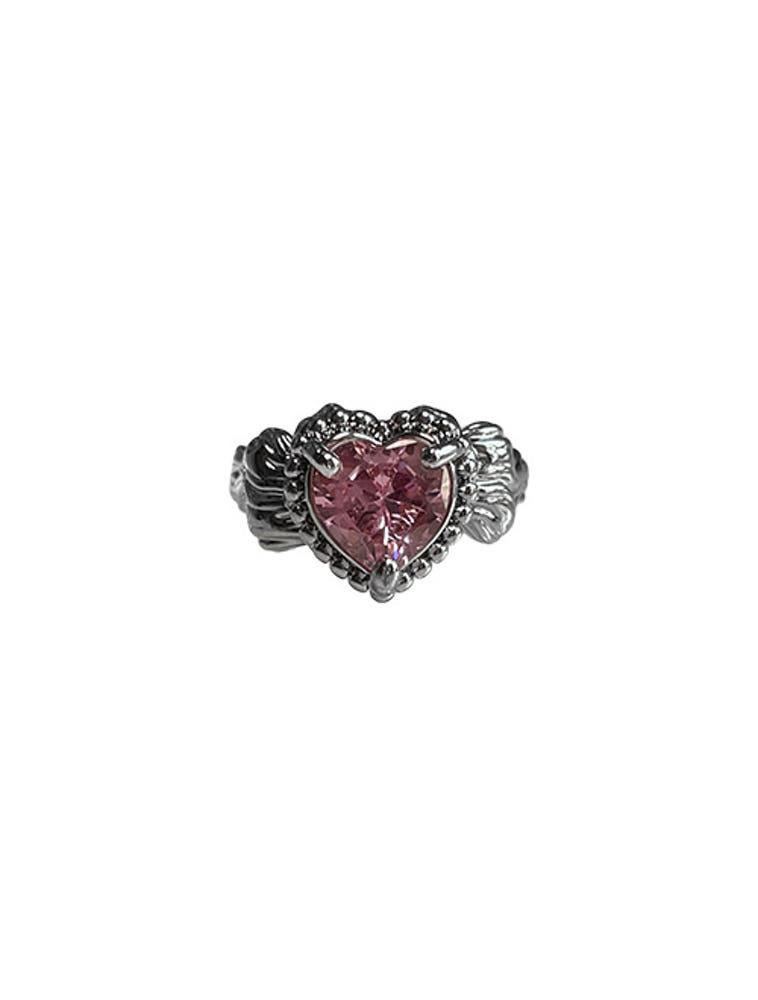 Heart Cubic Wing Ring - Pink / 유니크 큐빅 하트 볼드 오픈 반지