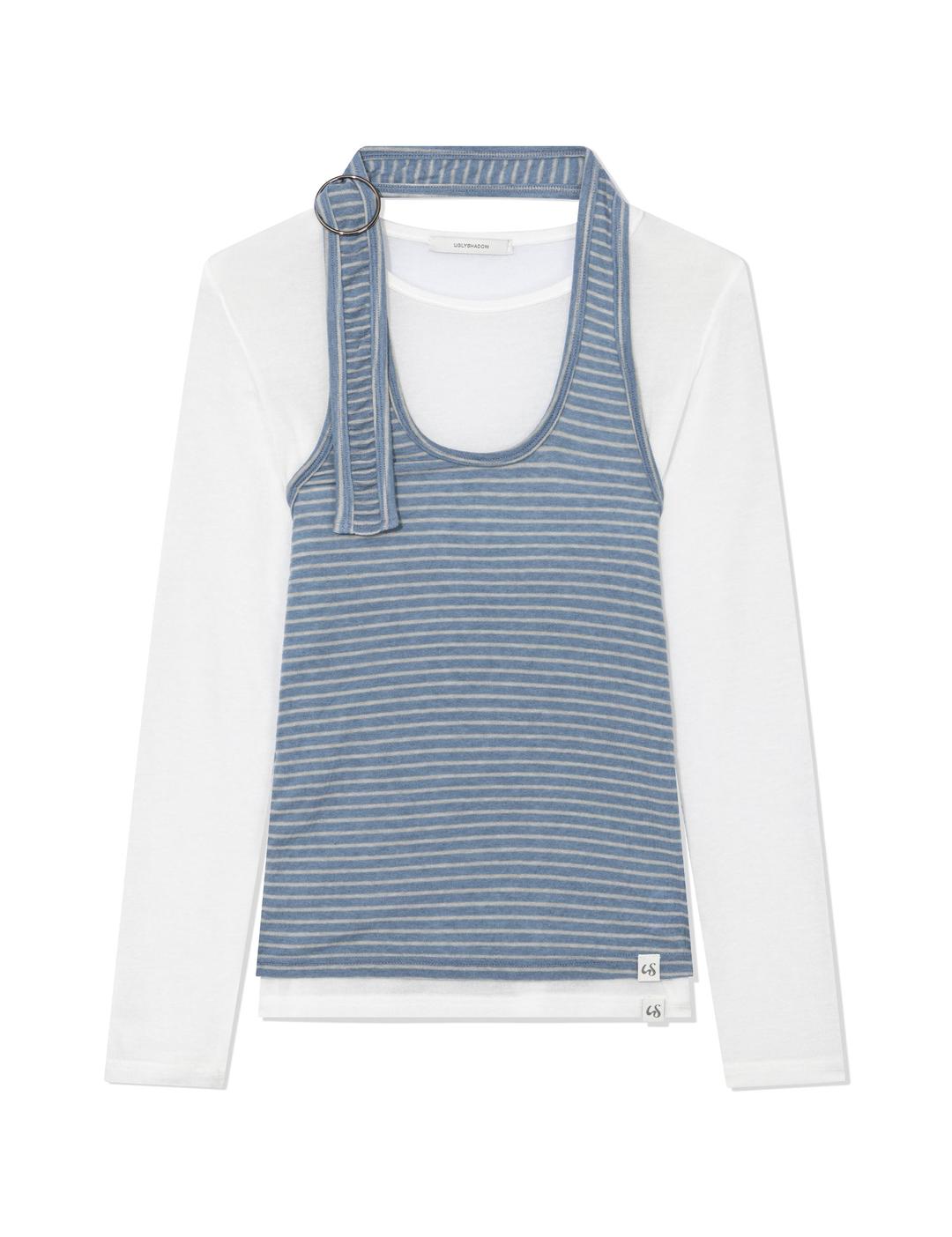 STRIPED HALTER NECK LAYERED T-SHIRT(BLUE)