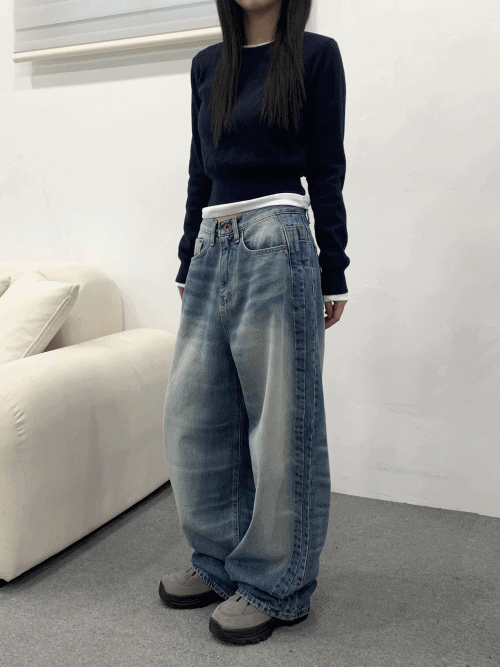 유데모닉 스모크 중청 워싱 와이드 데님 팬츠