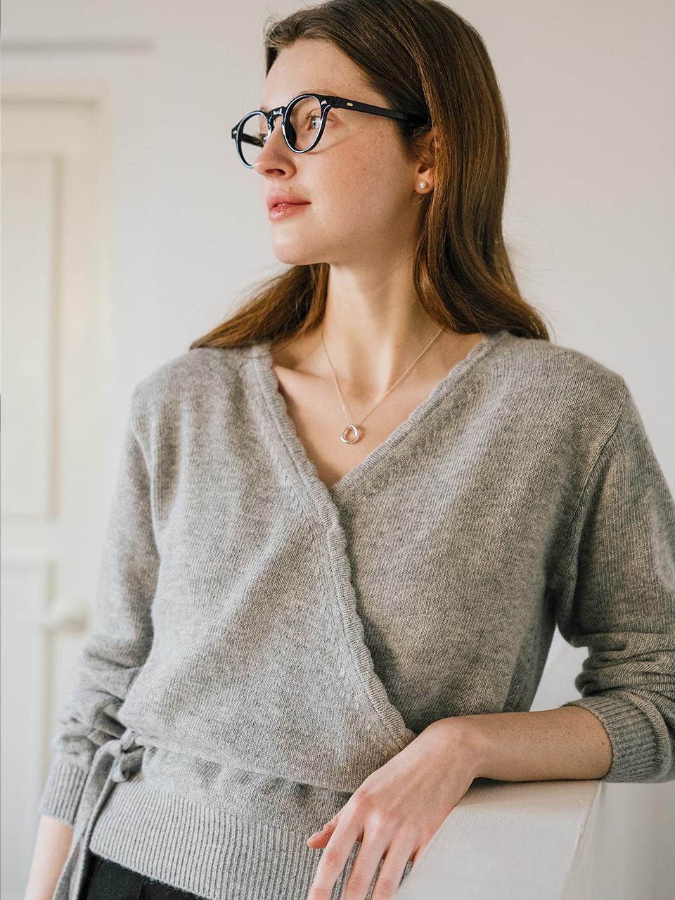 Scallop detail wrap wool blended cardigan_Light Gray