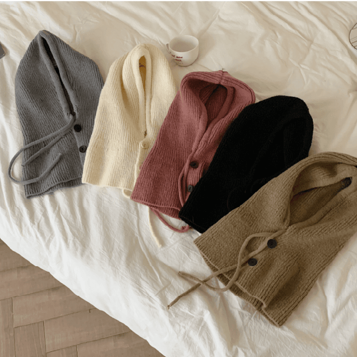 나나상점 ღ오늘출발ღ통 넓은 도톰 골지 니트 단추 스트링 후드 바라클라바 넥워머 5color - 위시버킷