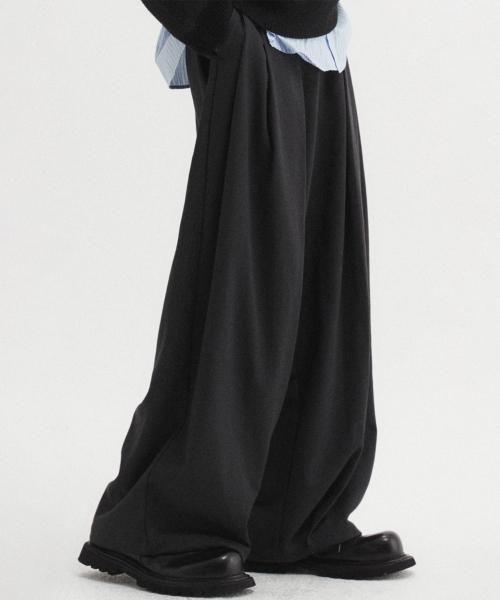 멀티 플리츠 와이드 슬랙스 차콜