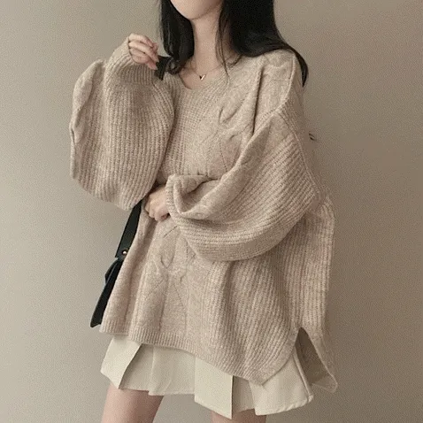 [울/모20%보호본능!] 감성컬러 오버핏 꽈배기 벌룬 트임 니트 5color