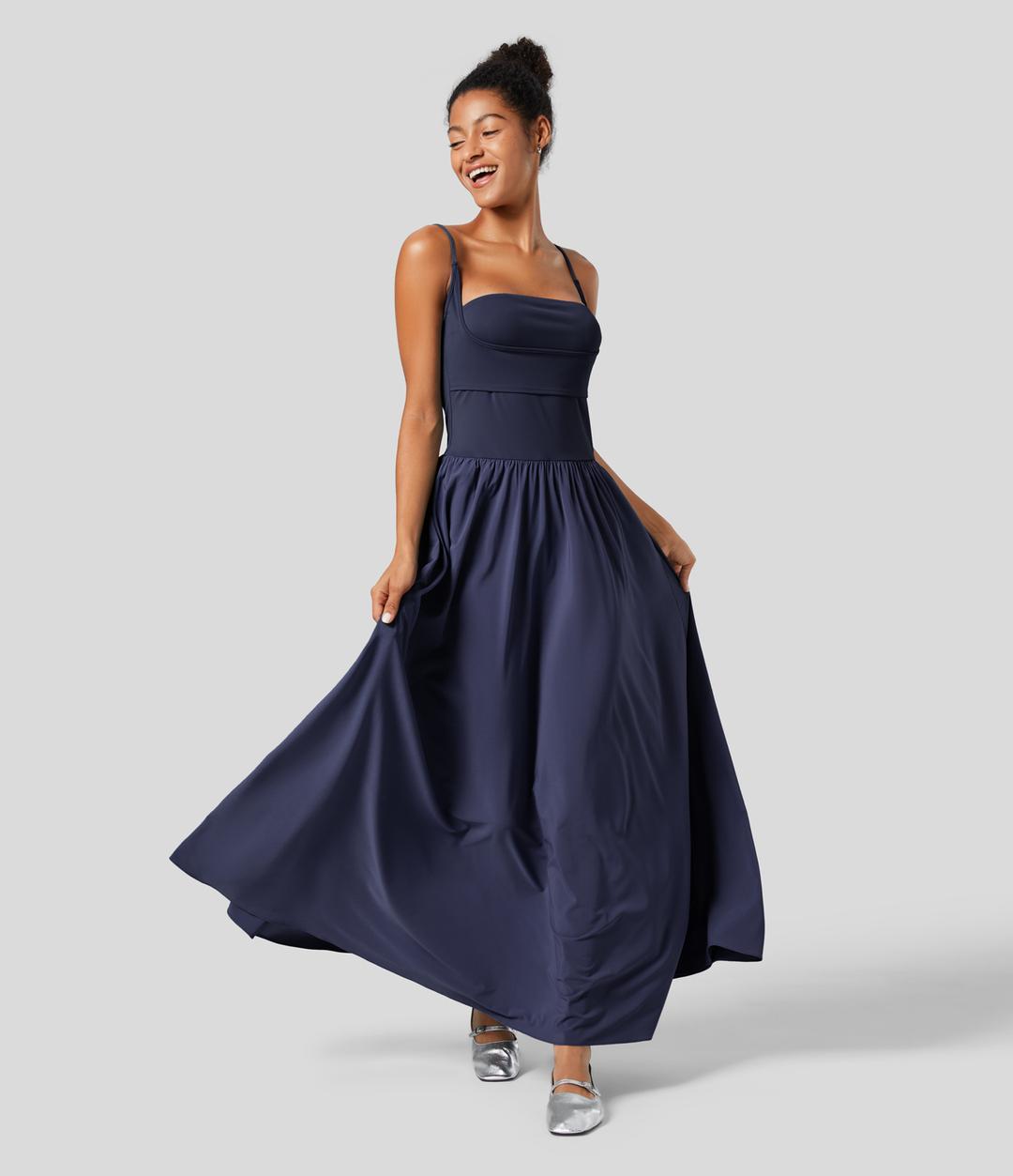 Breezeful™ 백리스 사이드 포켓 주름 플로위 플레어 맥시 퀵 드라이 캐주얼 슬립 원피스