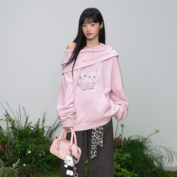 Pink Bunnies Printed Off-shoulder Hoodie