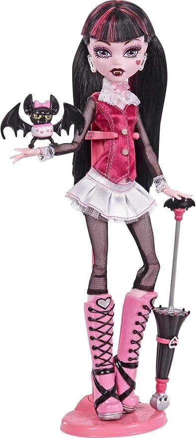 Monster High Draculaura 복제 인형, 오리지널 패션 및 신발, 애완동물, 디스플레이 스탠드 및 액세서리, 25.4-12.7cm(10-5인치) 수집용 장난감