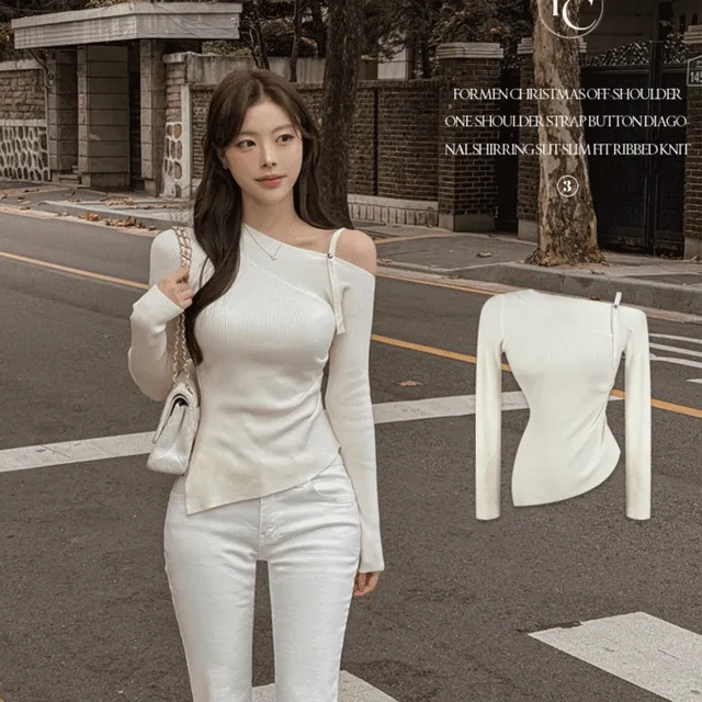 [오프숄더🩶/사선트임] 포멘 크리스마스 오프숄더 원숄더 스트랩 버튼 사선 셔링 트임 슬림핏 골지 니트