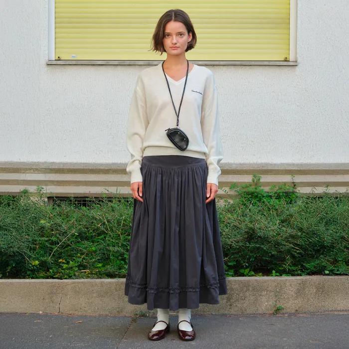 Button Shirring Long Skirt - Charcoal