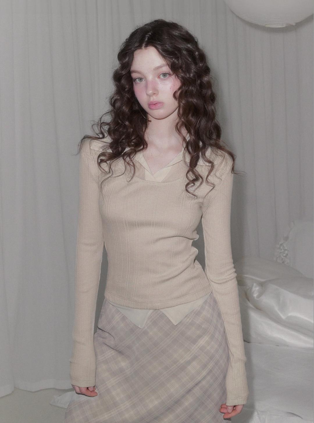 트위 [온라인단독] [은채's pick] 르벨 시스루 카라 골지 긴팔 티셔츠